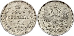 Russia 20 Kopeks 1865 СПБ НФ

Bit# 178; Silver 3.99g
