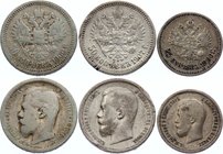 Russia 25 & 50 Kopeks 1896 -1907

Lot of 3 not common silver coins of Nicholas II: 25 Kopeks 1896, 50 kopeks 1907 (R) and 50 kopeks 1900. VF mostly.
