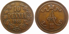 Russia - Finland 10 Pennia 1866

Bit# 632; Silver; Mintage 104.000; VF