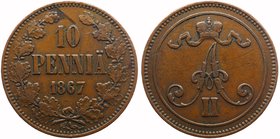 Russia - Finland 10 Pennia 1867

Bit# 653; Copper; VF/XF