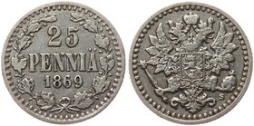 Russia - Finland 25 Pennia 1869 S

Bit# 645; Silver 1.25g; Mintage 264.000; VF/XF