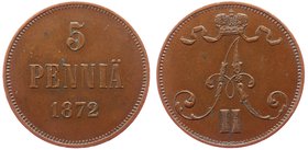 Russia - Finland 5 Pennia 1872

Bit# 661; Copper; Mintage 500.000; aUNC