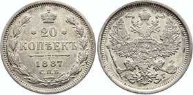 Russia 20 Kopeks 1887 СПБ-АГ

Bit# 106; Silver, UNC.