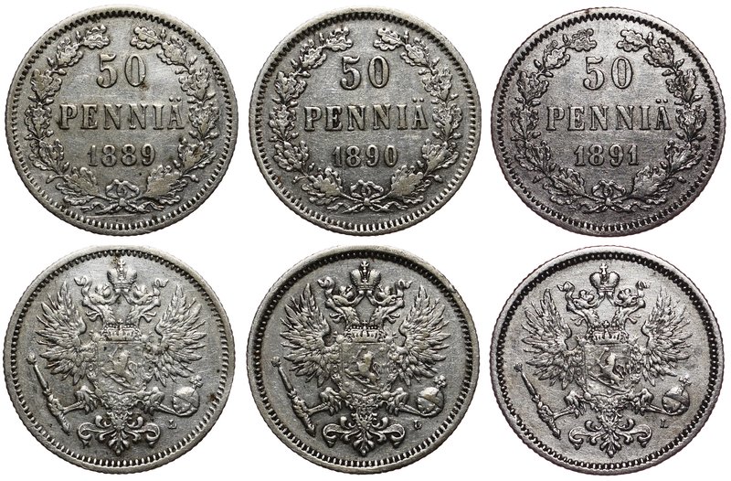 Russia - Finland Lot of 3 Coins 50 Pennia 1889 - 1891 L

Bit# 233-235; Silver;...
