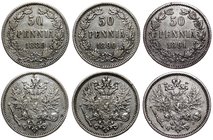 Russia - Finland Lot of 3 Coins 50 Pennia 1889 - 1891 L

Bit# 233-235; Silver; VF/XF