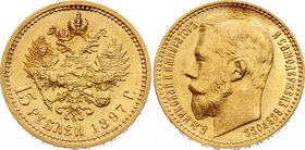 Russia 15 Roubles 1897 АГ

Bit# 2; Gold (.900), 12.9g, UNC, lustrous. with hairlines.