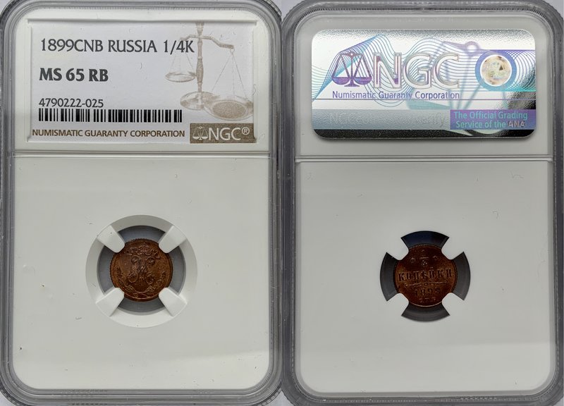 Russia 1/4 Kopek 1899 СПБ NGC MS65 RB

Bit# 310; Copper; Edge ribbed