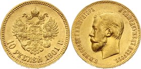 Russia 10 Roubles 1901 ФЗ

Bit# 8; Gold (.900), 8.6g, UNC, lustrous.