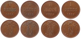Russia - Finland Lot of 4 Coins 1 Penni 1895 -1901

Bit# 458; # 459; # 461; # 462; Сopper;XF/aUNC
