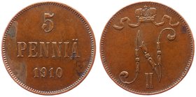 Russia - Finland 5 Pennia 1910 RR

Bit# 450(R1); Mintage 66.000; Saturated Patina; XF/aUNC