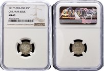 Russia - Finland 25 Pennia 1917 S NGC MS65

Bit# GSF2, Eagle without crowns; Silver, UNC. Rare in this high grade.
