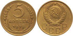 Russia - USSR 5 Kopeks 1939

Y# 108; Aluminium-Bronze 4,77g.; Rare