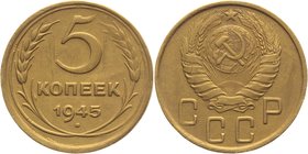 Russia - USSR 5 Kopeks 1945

Y# 108; Aluminium-Bronze 4,85g.; Rare