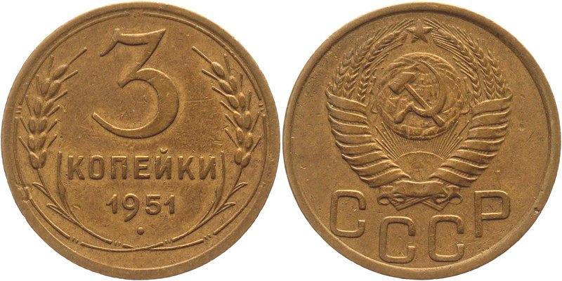 Russia - USSR 3 Kopeks 1951

Y# 114; Aluminium-Bronze 3,04g.