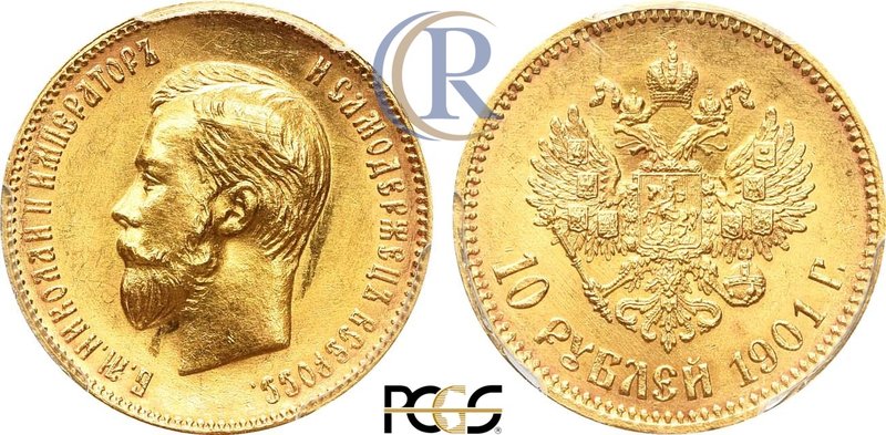 10 рублей 1901 года. АГ-(ФЗ). В слабе PCGS MS 64. Russia. 10 Roubles 1901 in hol...