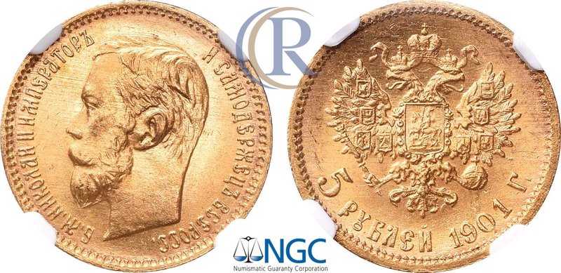 5 рублей 1901 года. АГ-(ФЗ). В слабе NGC MS 65. Russia. 5 Roubles 1901 in holder...
