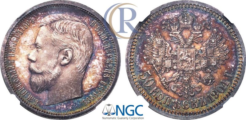 50 копеек 1904 года. АГ-(АР). В слабе NGC PF 65 CAMEO. Russia. 50 Kopeks 1904 in...