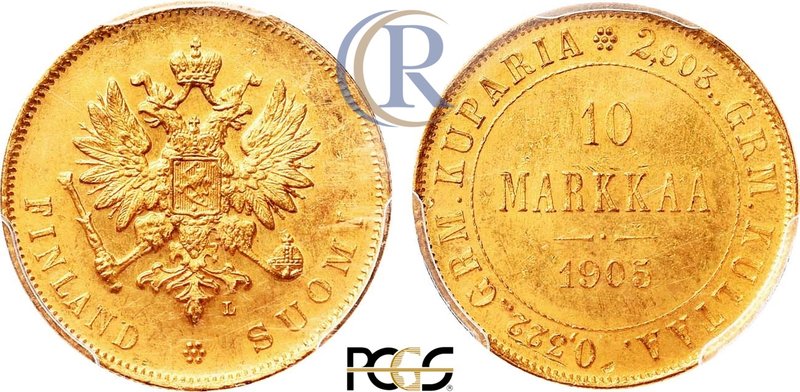 10 марок 1905 года. L. В слабе PCGS MS 64. Russia. 10 markkaa 1905 in holder PCG...