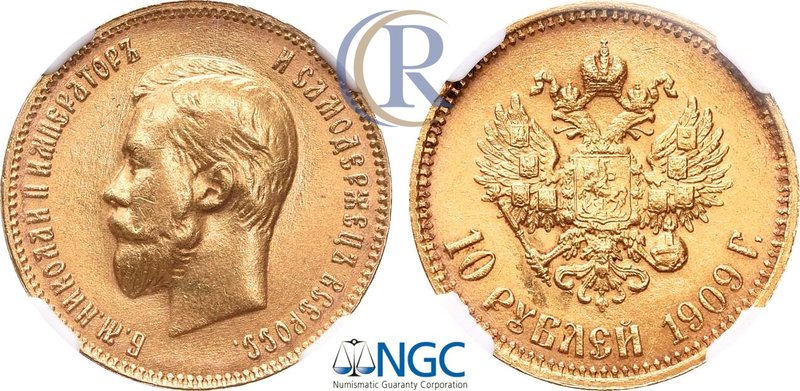 10 рублей 1909 года. АГ-(ЭБ). В слабе NGC MS 63. Russia. 10 Roubles 1909 in hold...