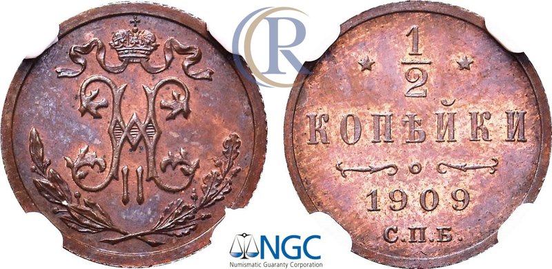 1/2 копейки 1909 года. СПБ. В слабе NGC PF 65 BN. Russia. 1/2 Kopeks 1909 in hol...