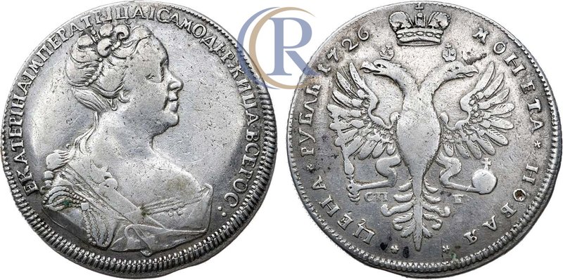 1 рубль 1726 года. СПБ Russia. 1 Rouble 1726 Серебро. 28,38г. Аверс: без локона ...