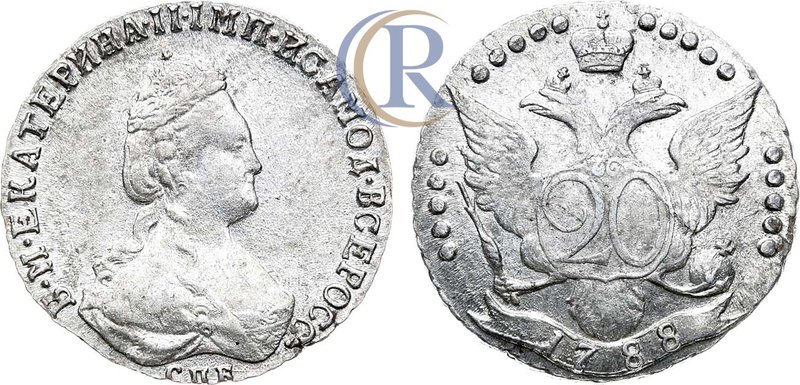 20 копеек 1788 года. СПБ Russia. 20 Kopeks 1788 Серебро. 4,43г. 
 Уздеников 1187...