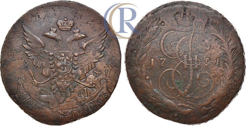 5 копеек 1791 года. Е:М: Russia. 5 Kopeks 1791 Медь. 45,75г. Монетные дворы в Мо...