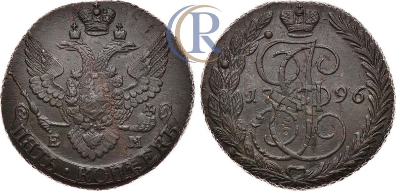 5 копеек 1796 года. ЕМ. Перечекан Russia. 5 Kopeks 1796 Медь. 50,64г. Павловский...