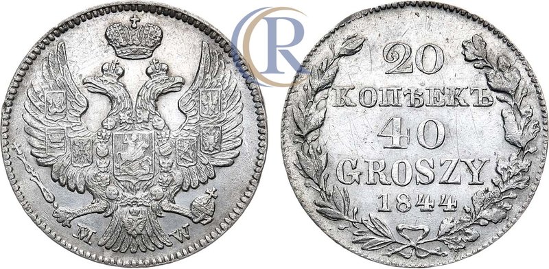 20 копеек 40 грошей 1844 года. MW Russia. 20 Kopeks 40 groszей 1844 Серебро. 4,0...