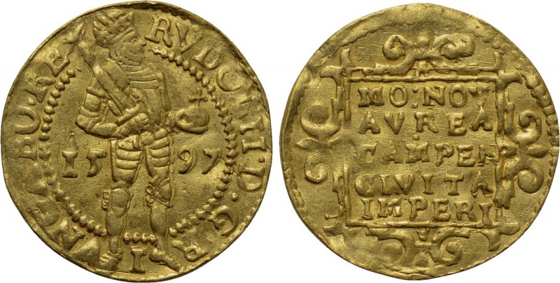 NETHERLANDS. Campen. Rudolf II (1576-1612). GOLD Dukat (1597). 

Obv: RVDOL II...