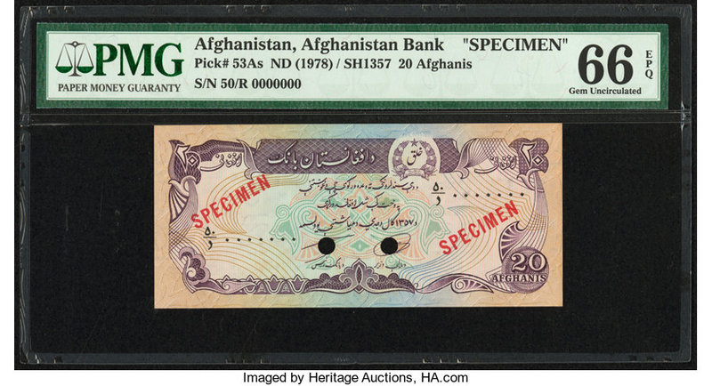 Afghanistan Afghanistan Bank 20 Afghanis ND (1978) / SH1357 Pick 53As Specimen P...