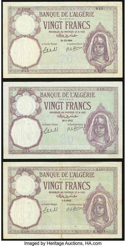 Algeria Banque de l'Algerie 20 Francs 24.12.1941; 29.1.1942; 3.2.1942 Pick 78c V...
