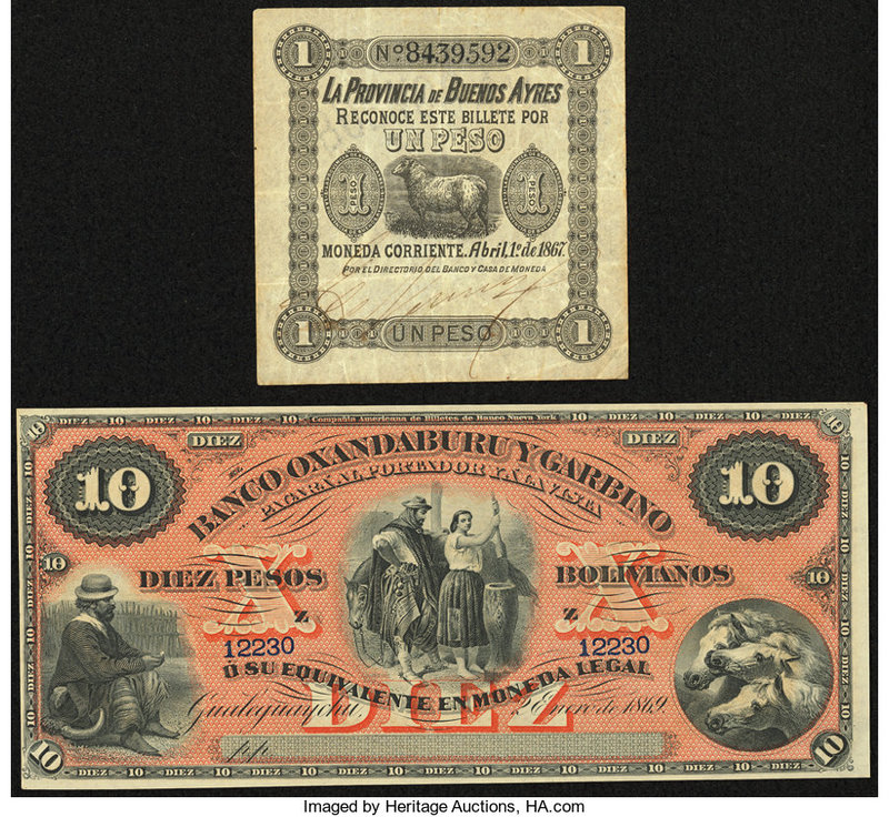 Argentina Provincia de Buenos Ayres 1 Peso 1867 Pick S471 Fine-Very Fine; Banco ...