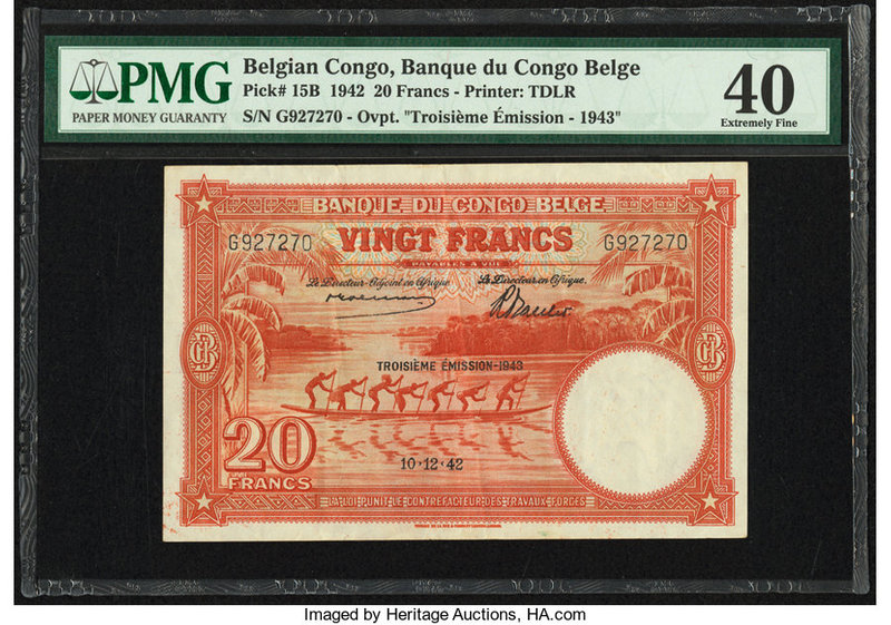 Belgian Congo Banque du Congo Belge 20 Francs 10.12.1942 Pick 15B PMG Extremely ...