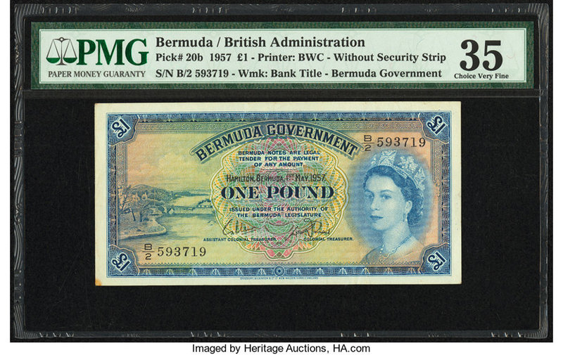 Bermuda Bermuda Government 1 Pound 1.5.1957 Pick 20b PMG Choice Very Fine 35. 

...