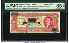 Bolivia Banco Central 1 Boliviano on 1000 Bolivianos 20.12.1945 Pick 149s1 Specimen PMG Gem Uncirculated 65 EPQ. Black Specimen and De La Rue overprin...