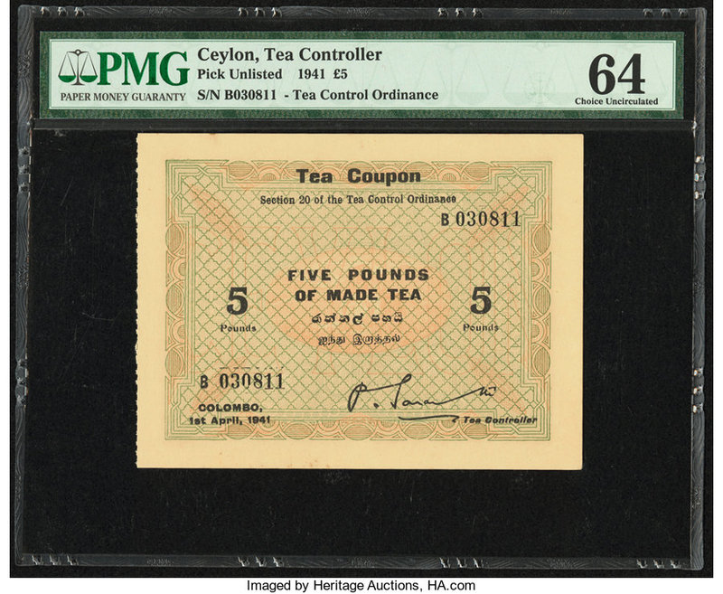 Ceylon Tea Coupon 5 Pounds 1.4.1941 Pick UNL PMG Choice Uncirculated 64. 

HID09...