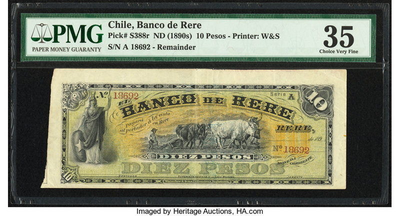 Chile Banco de Rere 10 Pesos ND (1890s) Pick S388r Remainder PMG Choice Very Fin...