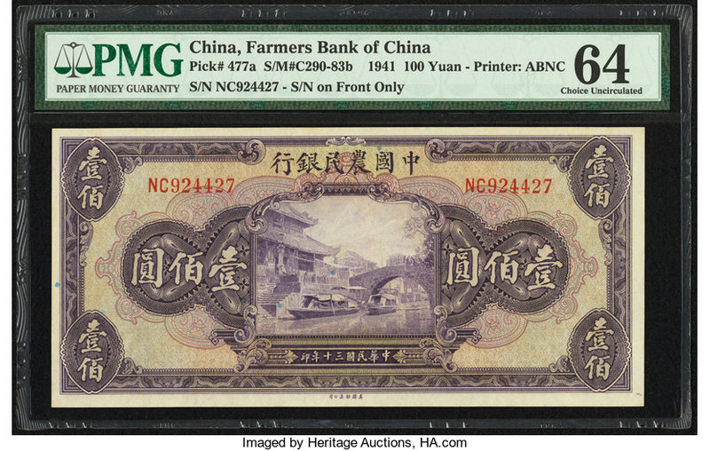 China Farmers Bank of China 100 Yuan 1941 Pick 477a S/M#C290-83b PMG Choice Unci...