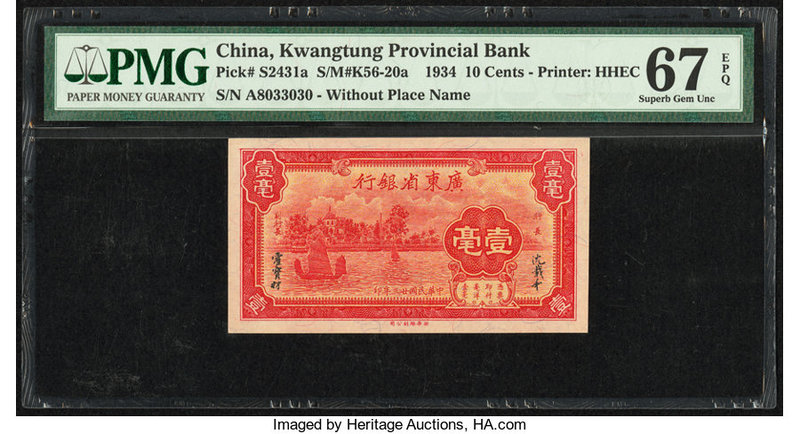 China Kwangtung Provincial Bank 10 Cents 1934 Pick S2431a S/M#K56-20a PMG Superb...