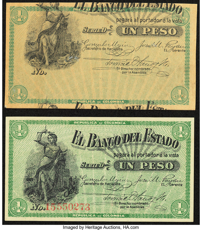 Colombia Banco del Estado 1 Peso 1900 Pick S504b; S504d Crisp Uncirculated. The ...