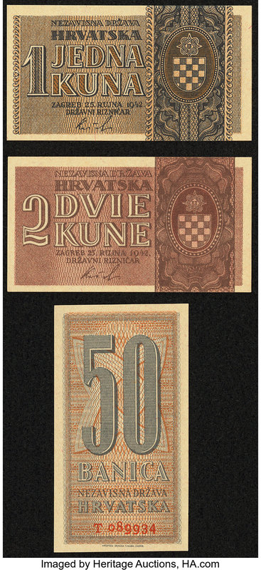 Croatia Independent State of Croatia 50 Banica; 1; 2 Kuna 25.9.1942 Pick 6a; 7a;...
