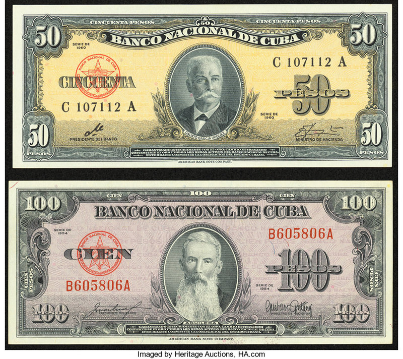 Cuba Banco Nacional de Cuba 50 Pesos 1960 Pick 81c Crisp Uncirculated; 100 Pesos...