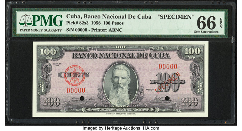 Cuba Banco Nacional de Cuba 100 Pesos 1958 Pick 82s3 Specimen PMG Gem Uncirculat...