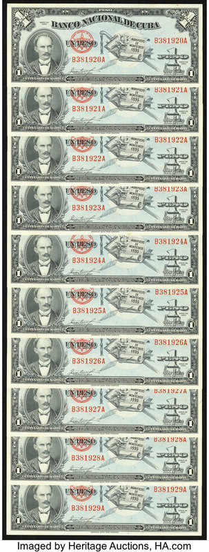 Cuba Banco Nacional de Cuba 1 Peso 1953 Pick 86a, Ten Consecutive Examples Choic...