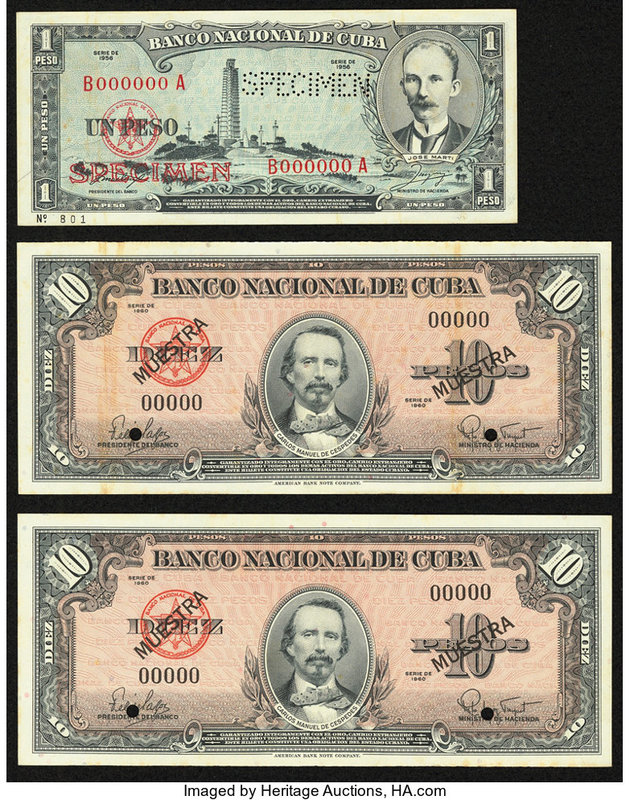 Cuba Banco Nacional de Cuba 1 Peso 1956 Pick 87s1 Specimen About Uncirculated; 1...