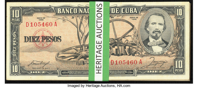 Cuba Banco Nacional de Cuba 10 Pesos 1958 Pick 88b (6); 1960 Pick 88c (27) Very ...