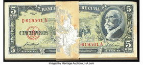 Cuba Banco Nacional de Cuba 5 Pesos 1958 Pick 91a 100 Examples Uncirculated. Foxing along the edges; outer notes of pack show minor handling.

HID0980...