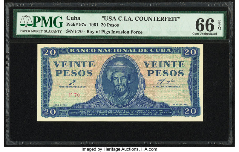 Cuba Banco Nacional de Cuba 20 Pesos 1961 Pick 97x C.I.A. Counterfeit PMG Gem Un...