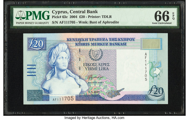 Cyprus Central Bank of Cyprus 20 Pounds 1.4.2004 Pick 63c PMG Gem Uncirculated 6...